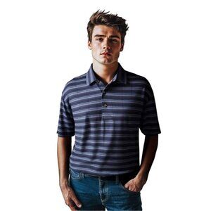 Pebble Beach Golf Club  Performance Polo Shirt Men L Blue Gray Stripe Collared